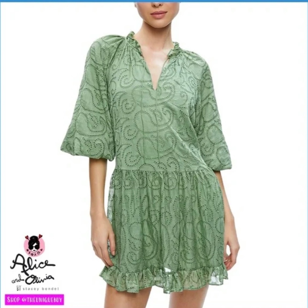 Alice + Olivia Sherrie Sage Green Eyelet Gathered Tunic Mini Dress